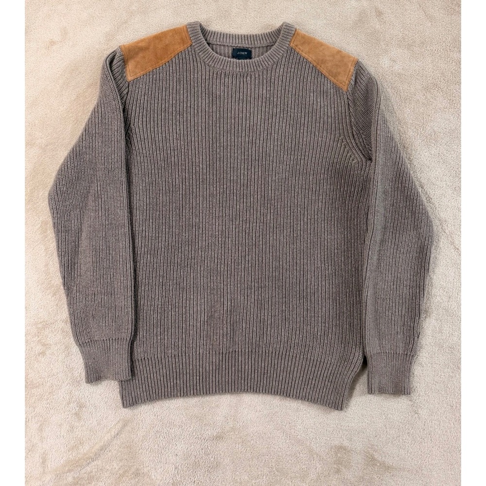 J.Crew Woodsman Ribbed Knit Sweater Men M Leather Shoulder Patches Brown EUC